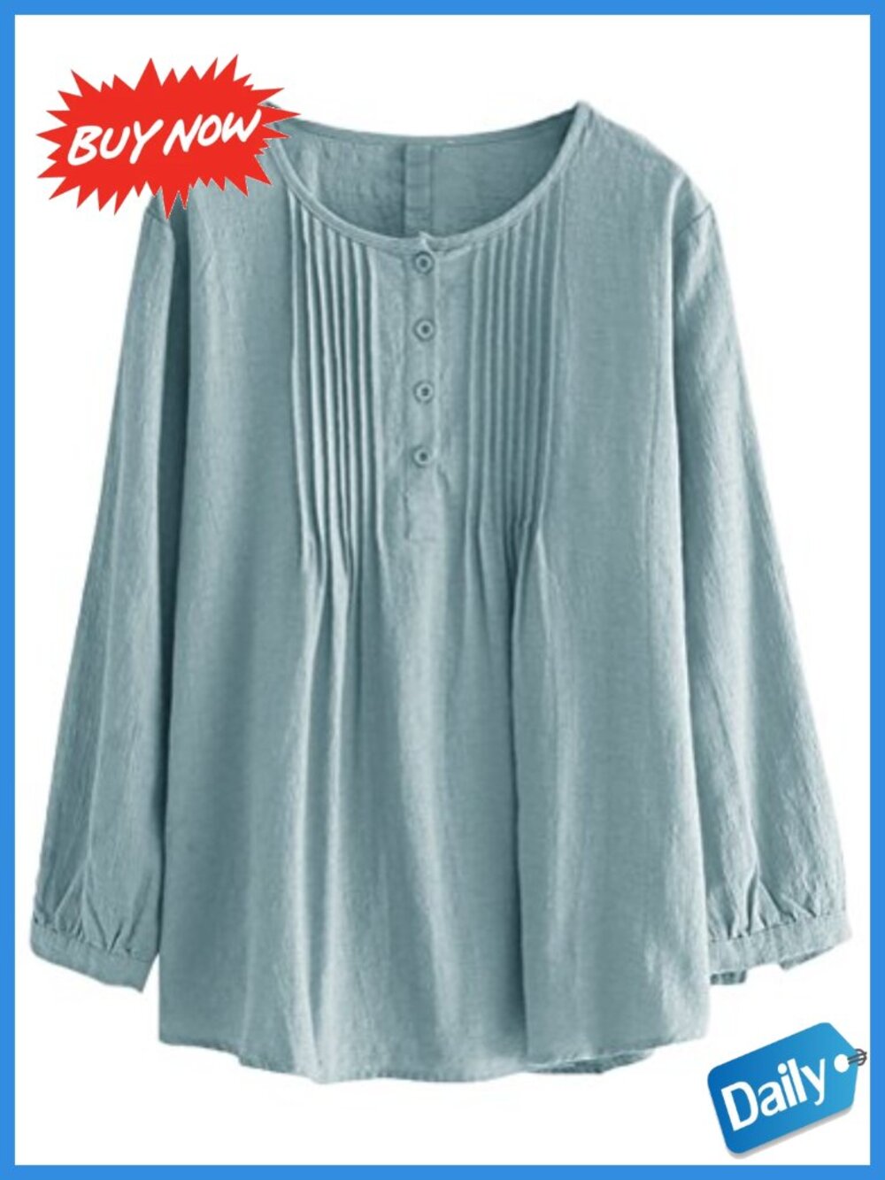 Linen Cotton Pleated Button Blouse Loose Fit Long Sleeve Tunic Top